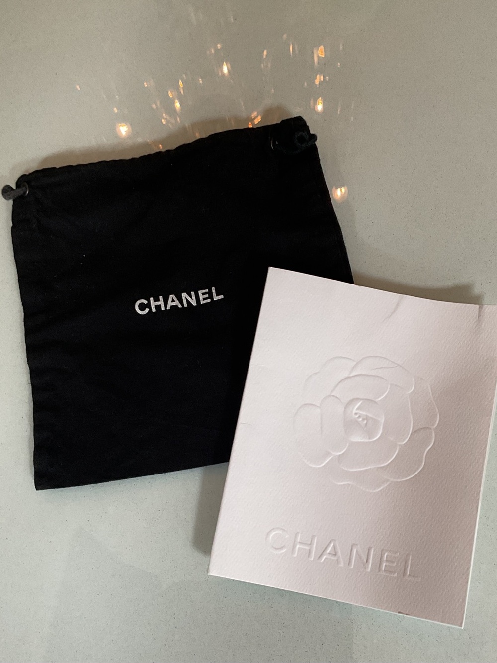 CHANEL Black Dust Bag with White Embossed Card
